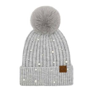 C.C Beanie PomPom Hat Pearl Rhinestone Embellished Coquette Feminine Outdoor NEW